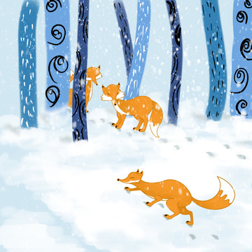 雪地里的狐狸插画动物场景