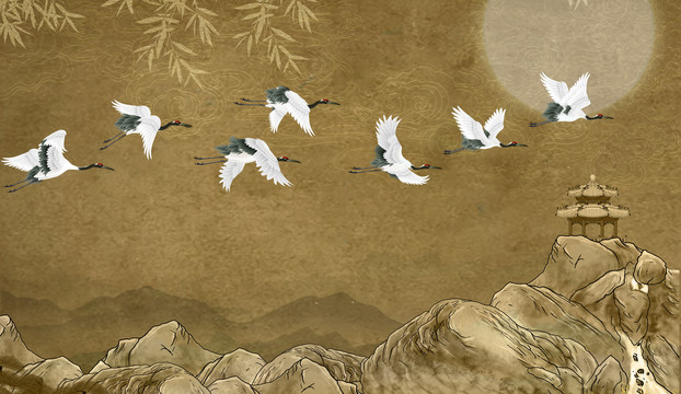 仙鶴復(fù)古背景墻
