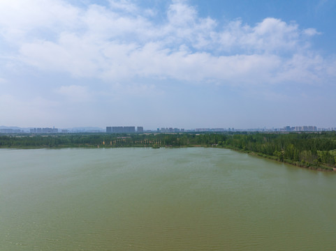 航拍济南龙湖湿地