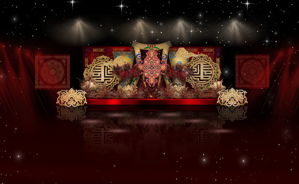 新中式國風(fēng)金紅色婚禮舞臺(tái)