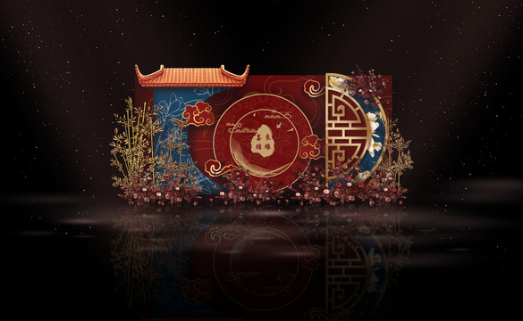 中式國風(fēng)婚禮紅藍金色迎賓區(qū)