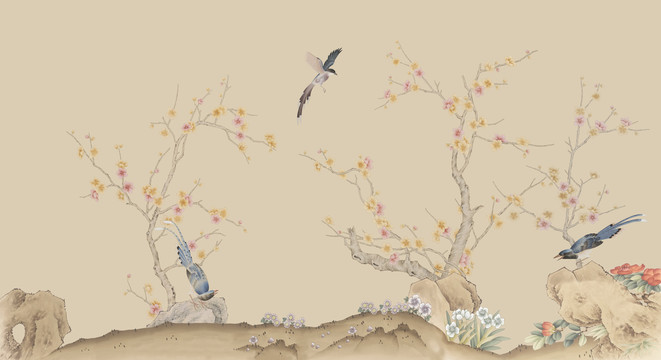 手繪梅花背景墻