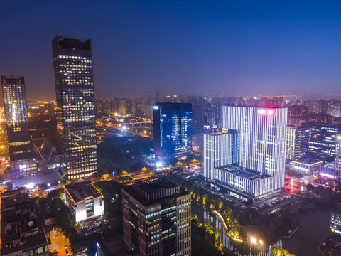 航拍苏州工业园区夜景