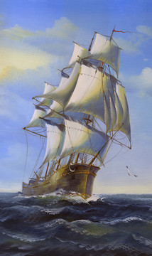 一帆风顺风景油画帆船