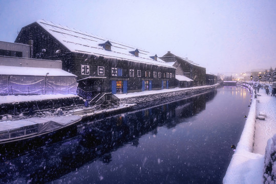 日本北海道冬天雪中小樽运河
