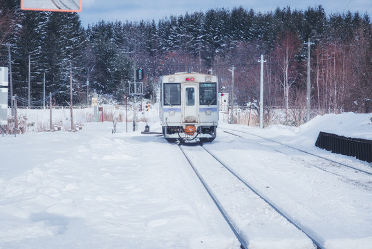 日本北海道美瑛冬天雪中的电车