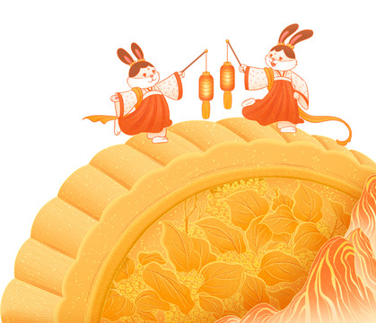 两只玉兔提着灯笼站在月饼上
