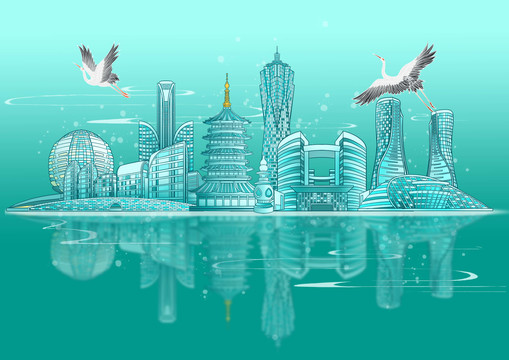 杭州現(xiàn)代城市建筑背景插畫