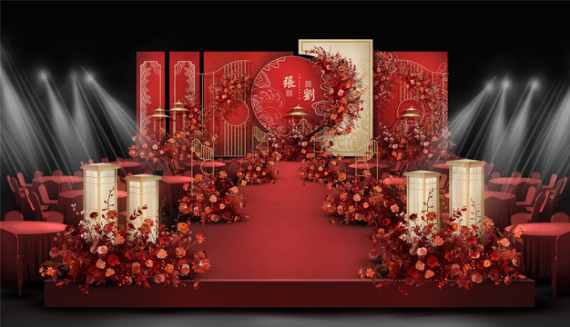 香檳紅色中式婚禮舞臺設(shè)計