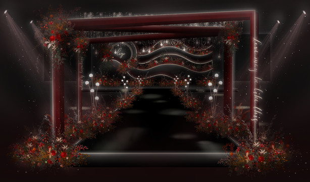 黑红色系泰式婚礼仪式区手绘