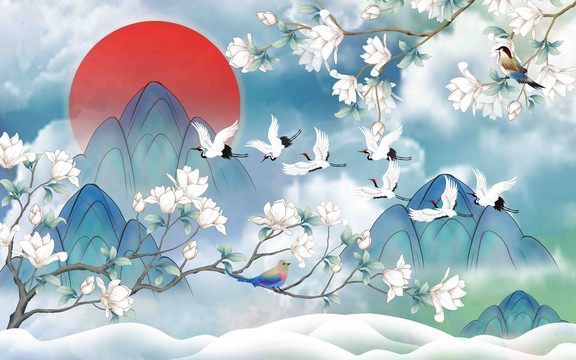 玉蘭花國潮山水花鳥