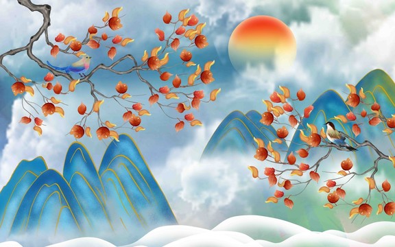 國潮紅葉花鳥裝飾畫