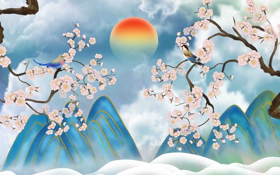 新中式花鳥山水壁畫