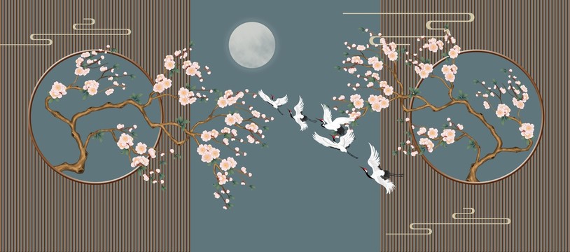 新中式花鳥(niǎo)柵格背景墻