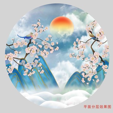 圓形山水花鳥國潮圖