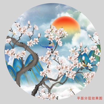 新中式手繪國潮玉蘭花山水