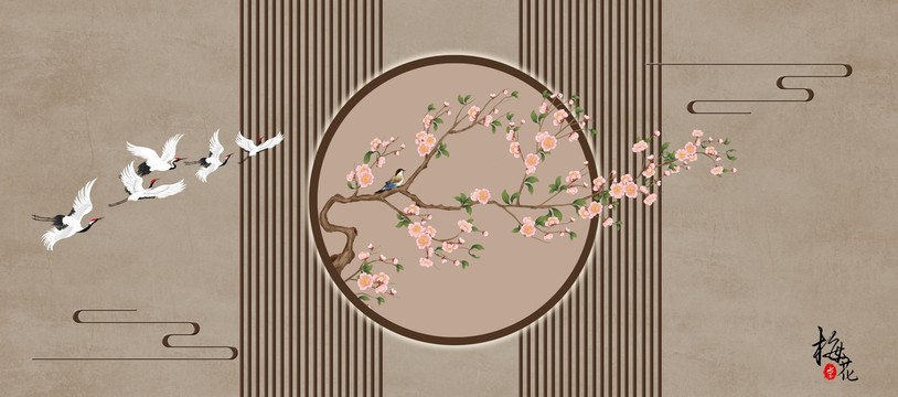 新中式花鳥(niǎo)柵格背景墻