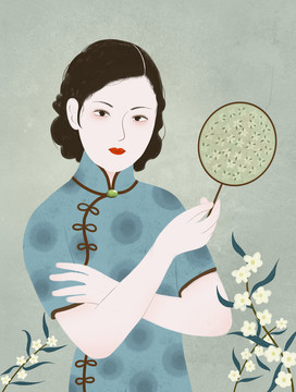 手執(zhí)團(tuán)扇的民國女孩