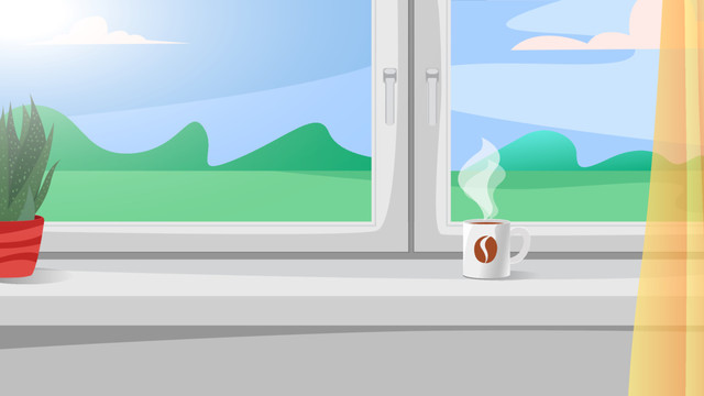窗臺咖啡杯和窗外風(fēng)景插畫