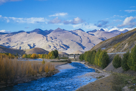 青藏高原的河流山川树林