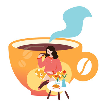 矢量扁平卡通女生喝咖啡插畫