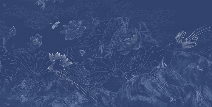 瑞鶴江山圖荷花藍(lán)鵲圖