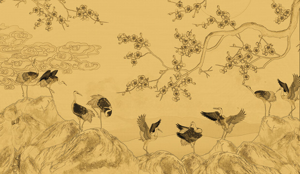梅花仙鶴線稿背景墻