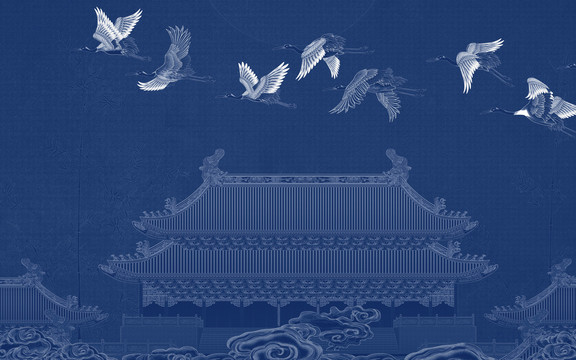 藍(lán)色刺繡線描樓閣
