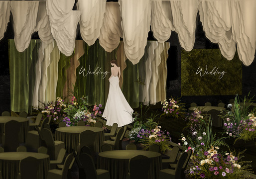 白绿咖紫色婚礼舞台设计图