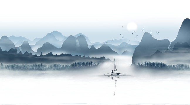 水墨中国桂林山水画壁画背景