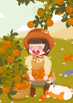 秋天小女孩和狗摘橙子