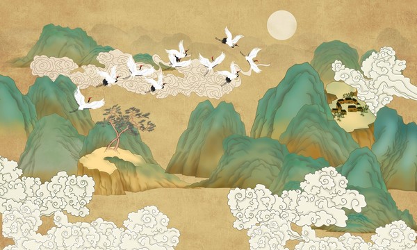 國潮祥云山水插畫