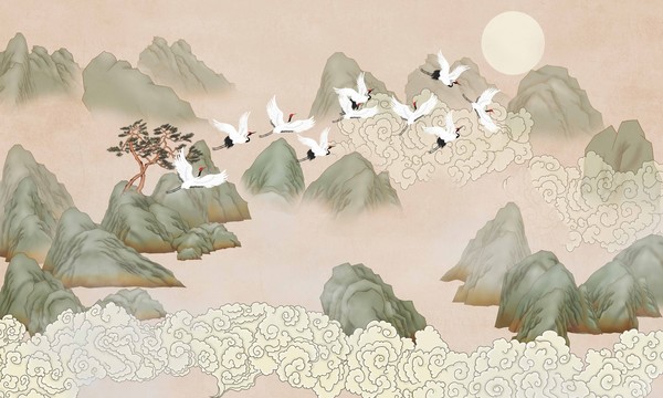 國潮山水裝飾畫背景墻