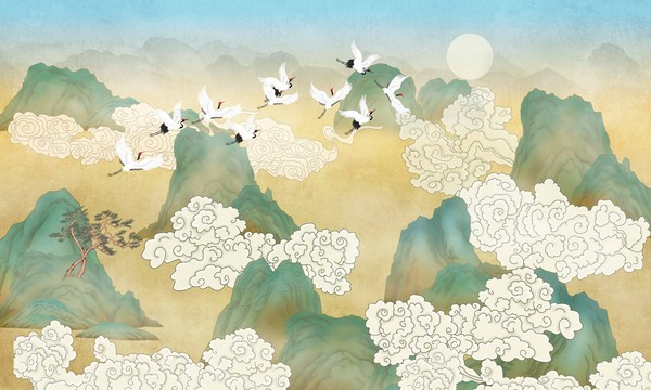國潮祥云山水壁畫