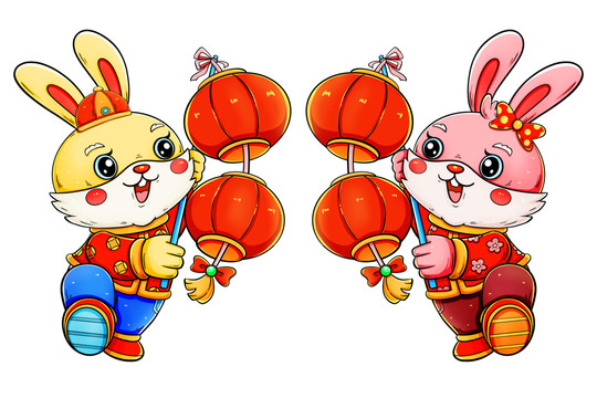 国潮春节兔年提灯笼的情侣兔子