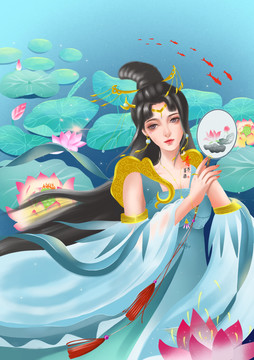 荷花人物插畫