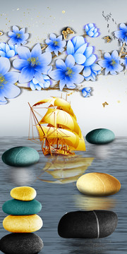 湖泊帆船石頭花枝玄關(guān)過(guò)道