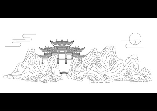 山水古建筑国潮插画