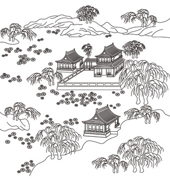 古建山水線稿