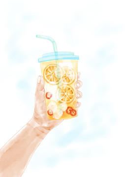 水彩手繪手握夏日冷飲果汁插圖