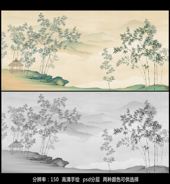 中式水墨竹子壁畫