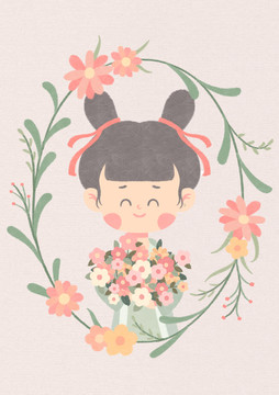 可愛宋代女孩捧花花環(huán)貼紙