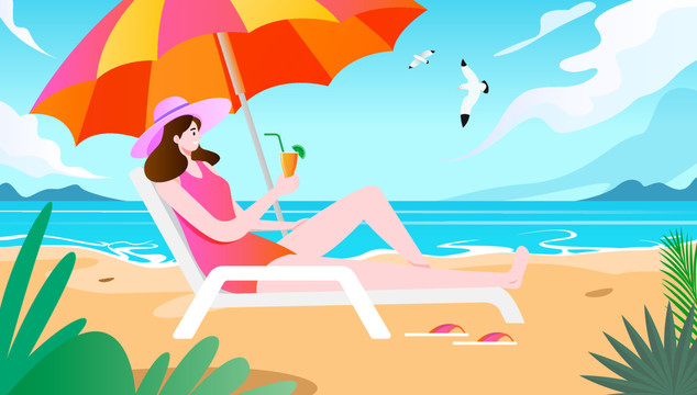 夏季沙灘海邊女人插畫