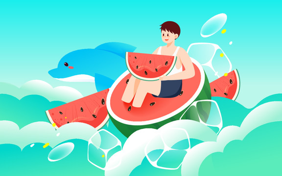 小暑節(jié)氣人物吃西瓜度假插畫
