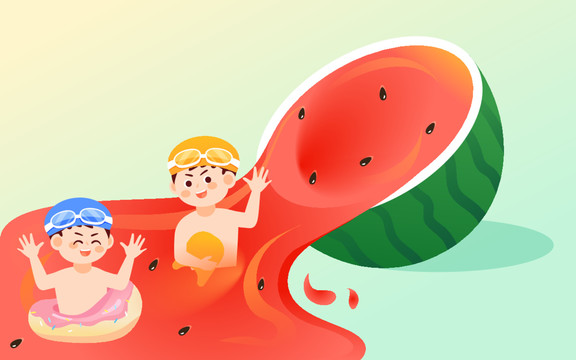 小暑節(jié)氣人物吃西瓜度假插畫