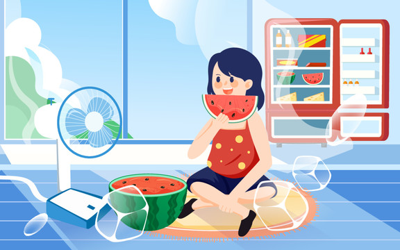 大暑節(jié)氣女孩居家吹風扇插畫