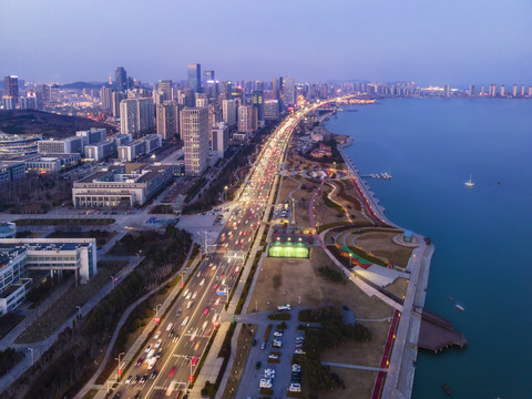 航拍青岛西海岸城市夜色