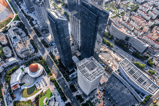 航拍青岛现代建筑街景