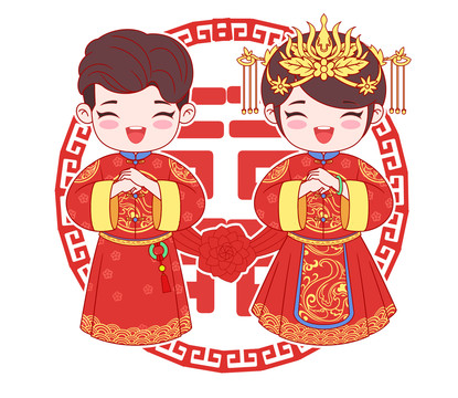 婚禮新郎新娘雙喜臨門卡通