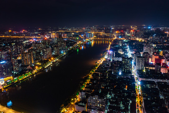 航拍湖南衡阳城市夜景风光